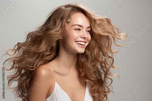 Portrait of a smiling young woman with flowing hair on a grey background.