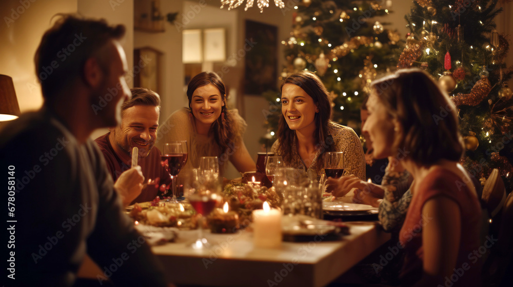 group of people having dinner at home on Christmas 