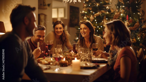 group of people having dinner at home on Christmas 