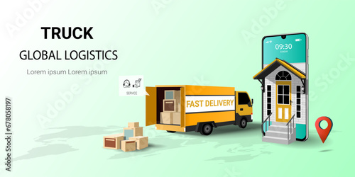 Online delivery service on mobile by truck, Global transport logistics, Delivery home and office, Online order. Truck, warehouse and parcel box. Delivery concept. 3D Perspective Vector illustration photo