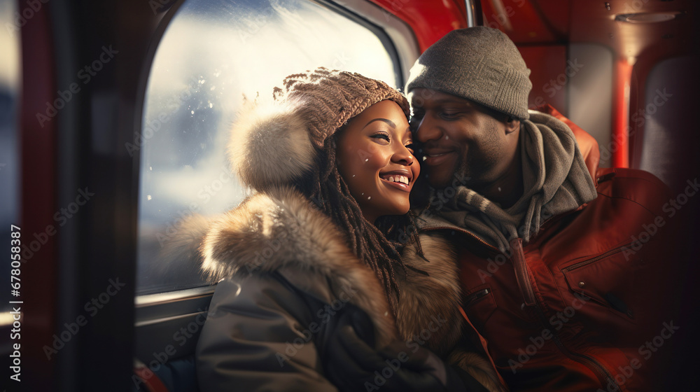 black couple on vacation in train 