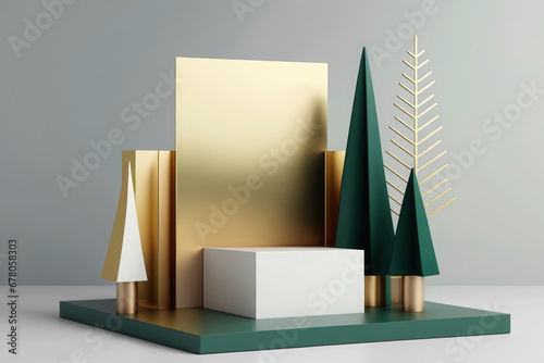 Generative AI illustration of a modern abstract christmas composition with geometric shape and rees in green and gold hues against a gray background. photo