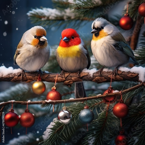 Christmas greeting card with bullfinch and christmas baubles