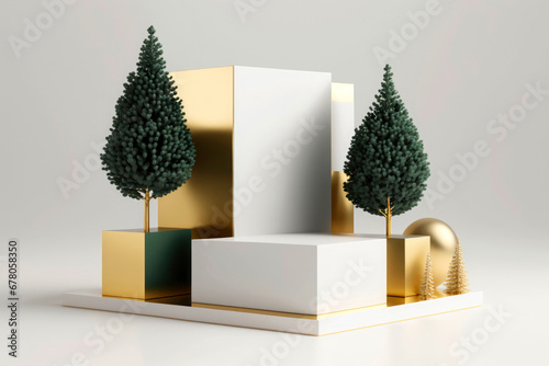 Generative AI illustration of a modern abstract christmas composition with geometric gold and green shapes, green trees, and spherical gold color element against a gray background
