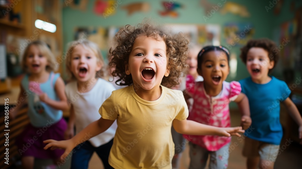 Group of kindergarten children are captured in a candid moment, their innocent expressions and joyful energy Kids friends playing running together Group of kindergarten children are captured in a candid moment, their innocent expressions and joyful energy Kids friends playing running together