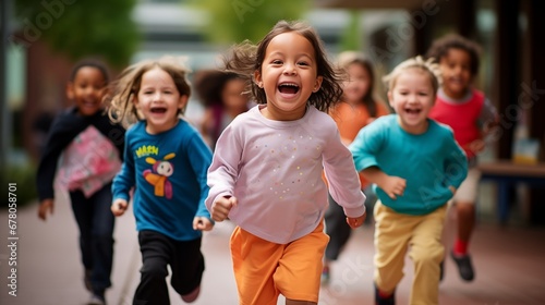 Group of kindergarten children are captured in a candid moment, their innocent expressions and joyful energy Kids friends playing running together photo