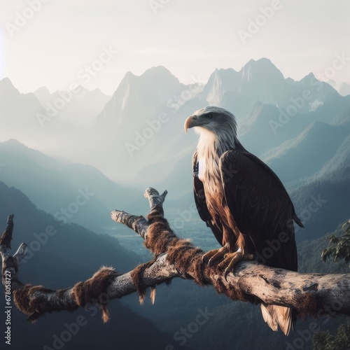 eagle on a branch montain on background