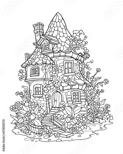 Fairytale house in the forest, black and white coloring, vector