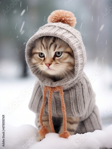 Wallpaper Mural Cute little kitten in warm hat and scarf on snowy winter day Torontodigital.ca