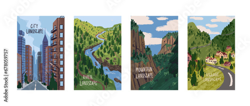 Different landscapes posters set. Cityscape, city street, urban view. Forest on river shore, green mountain with trees. Countryside, village outdoor, country road. Nature flat vector illustration