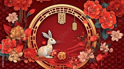 Chinese new year, year of the rabbit banner template design with rabbits and flowers background. Chinese translation Rabbi
