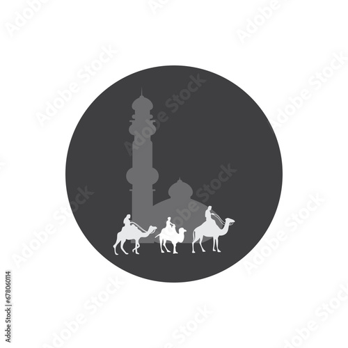 Family riding a camel with a mosque in the background.