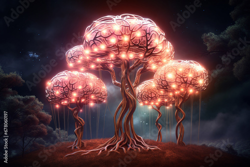 tree in the night, golden led light of tree by generative AI.