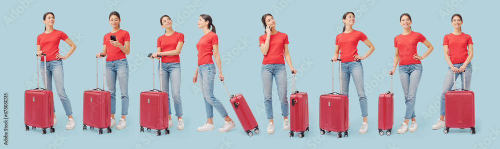 Traveler woman with trolley bag, set of poses Traveler woman with trolley bag, set of poses