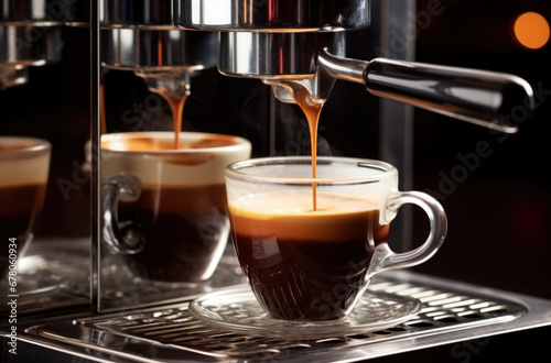 Close-up of espresso pouring from coffee machine. Professional coffee brewing