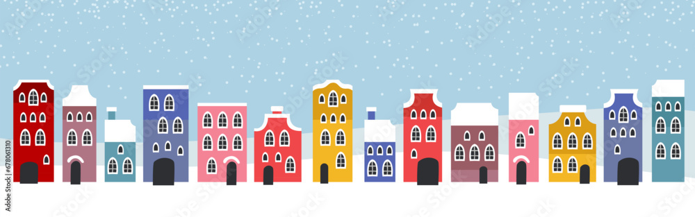 Cute Christmas and winter houses. Snowy night in cozy Christmas town city panorama. Winter village night landscape Christmas outdoor decorations.