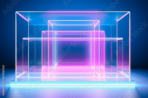Generative AI illustration of illuminated neon cubes arranged in a 3D formation showcasing futuristic and abstract design