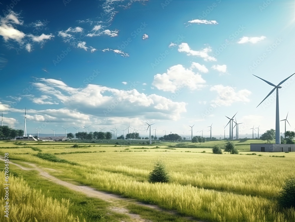 cultivated field with wind farm with blades in the background , generated by AI