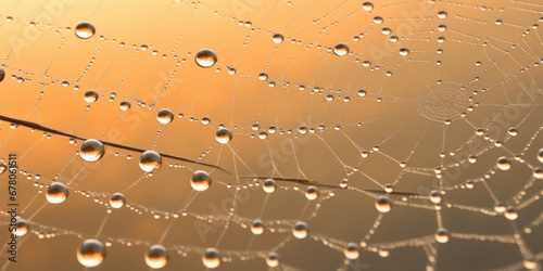 Cobweb or spiderweb natural rain pattern background close-up. Cobweb with drops of rain pattern in blue light. Cobweb net texture with morning rain bokeh. Partial blur view lines spider web necklace