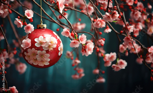 Chinese new year red ornament wallpaper with red flowers and balls