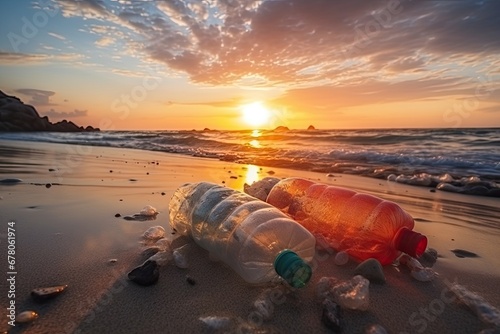 Used plastic bottles on sandy beach at morning or sunset light, water pollution.