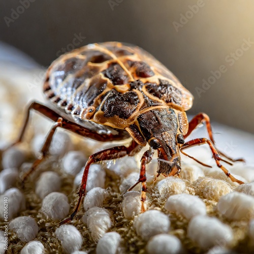 Bedbug Close up of Cimex hemipterus bed bug on bed background , generated by AI