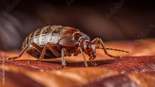 Bedbug Close up of Cimex hemipterus bed bug on bed background , generated by AI © tino