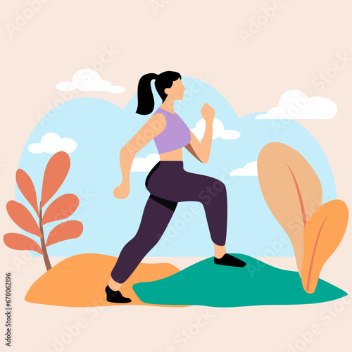 woman jogging with plant background, Mental health concept  as Outdoor and healthy activity , Lifestyle vector 