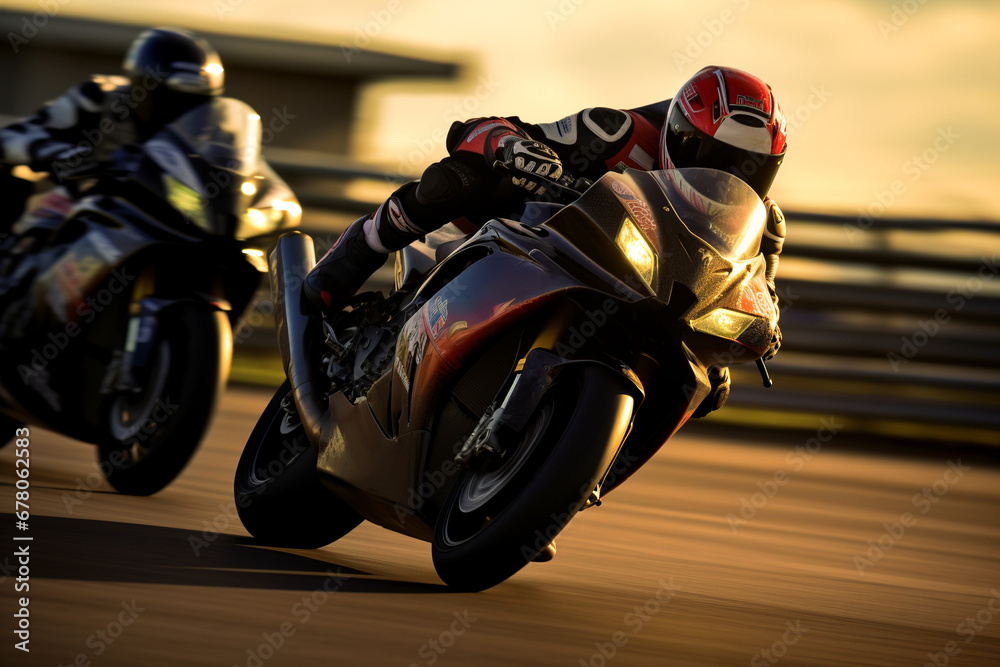 Intense motorbike race at sunset