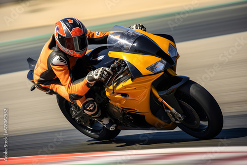 Motorcyclist taking a sharp turn on a racetrack