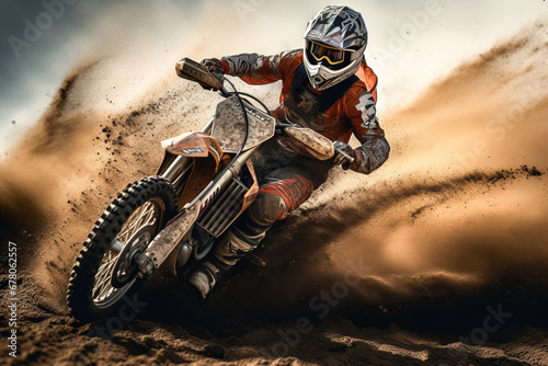 Motocross rider racing through dusty terrain