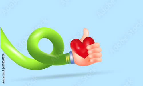 3D cartoon human hand hugging a red heart on a light background. Vector illustration.
