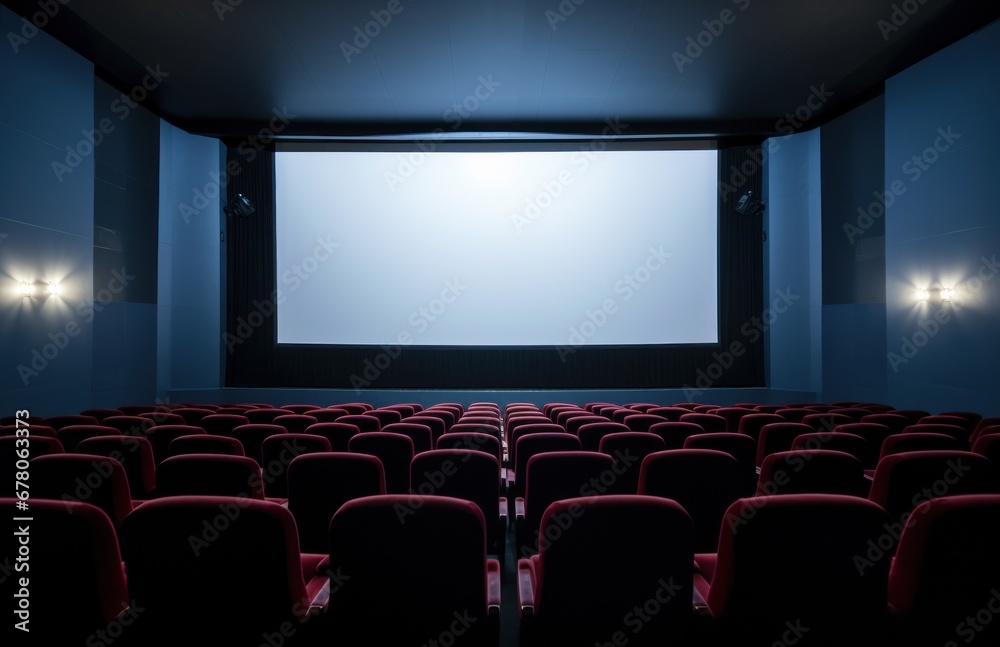 Fototapeta premium Empty of cinema in blue color with white blank screen. Mockup of hall, no people and auditorium. Copy space and background concept.