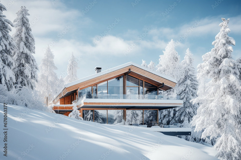 Modern Chalet In Winter With Snow Covered Trees On Background, aesthetic look Modern Chalet In Winter With Snow Covered Trees On Background, aesthetic look