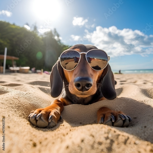Dachshund dog buried in sand at beach sea on summer vacation in sunglasses 