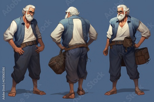 old men with white hair and beards dressed in denim clothes - character sheet