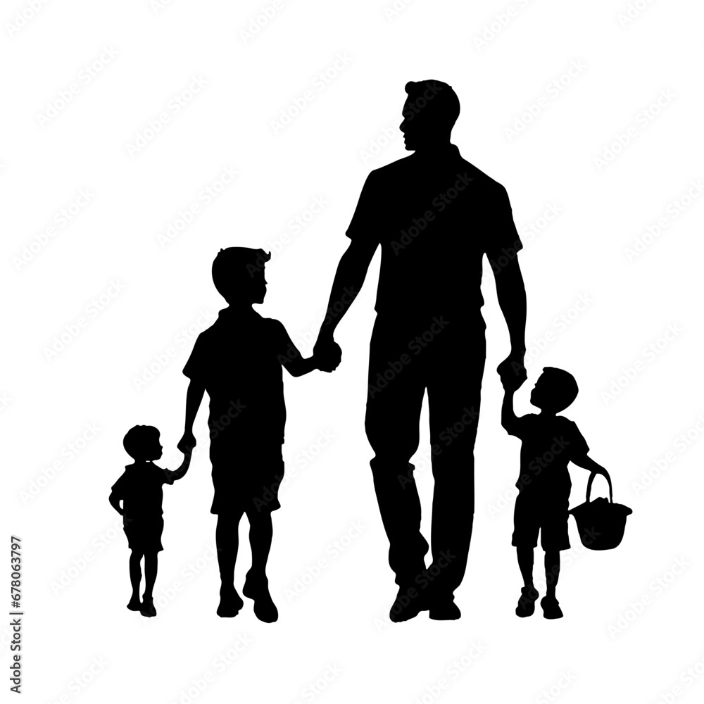 Silhouette drawing father walking hand in hand with his children view from the back. Hand drawn vector isolated on a white background