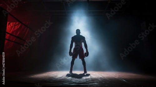 Back view of boxing athlete standing in the boxing ring. Sports and fighting concepts photo