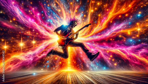  ChatGPT Cosmic Rockstar EnergyDynamic image of a guitarist jumping with a cosmic nebula in the background, radiating vibrant colors and energy. Generative AI