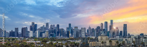 Vibrant cityscape of Melbourne where international commerce and banking activity is located. Scenic panorama skyline of financial and business center. © eskystudio