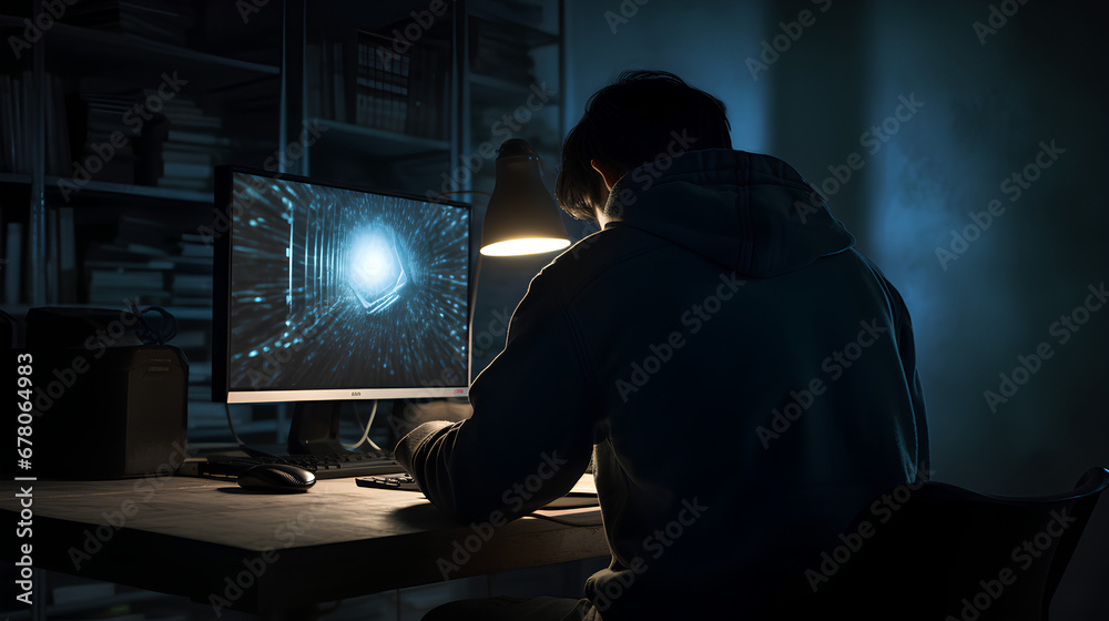 masculine man working on his computer alone in the dark, looking at his screen. The only source of light comes from his computer. The photo is taken from his back, PNG, 300 DPI