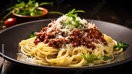 Spaghetti Bolognese with parmesan cheese and tomatoes