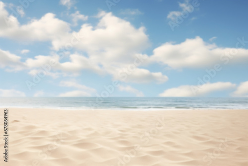 Serene beach scene with soft sandy shore  ocean waves  and a blue sky with fluffy clouds. Vacation mood that speaks of tranquility and relaxation. Peaceful holiday. Relax in the nature.