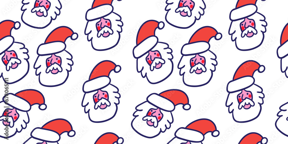seamless color pattern with santa heads in doodle style. head of an old man in santa hats. template for print, background, wallpaper, fabric, packaging, children's book, decoration.
