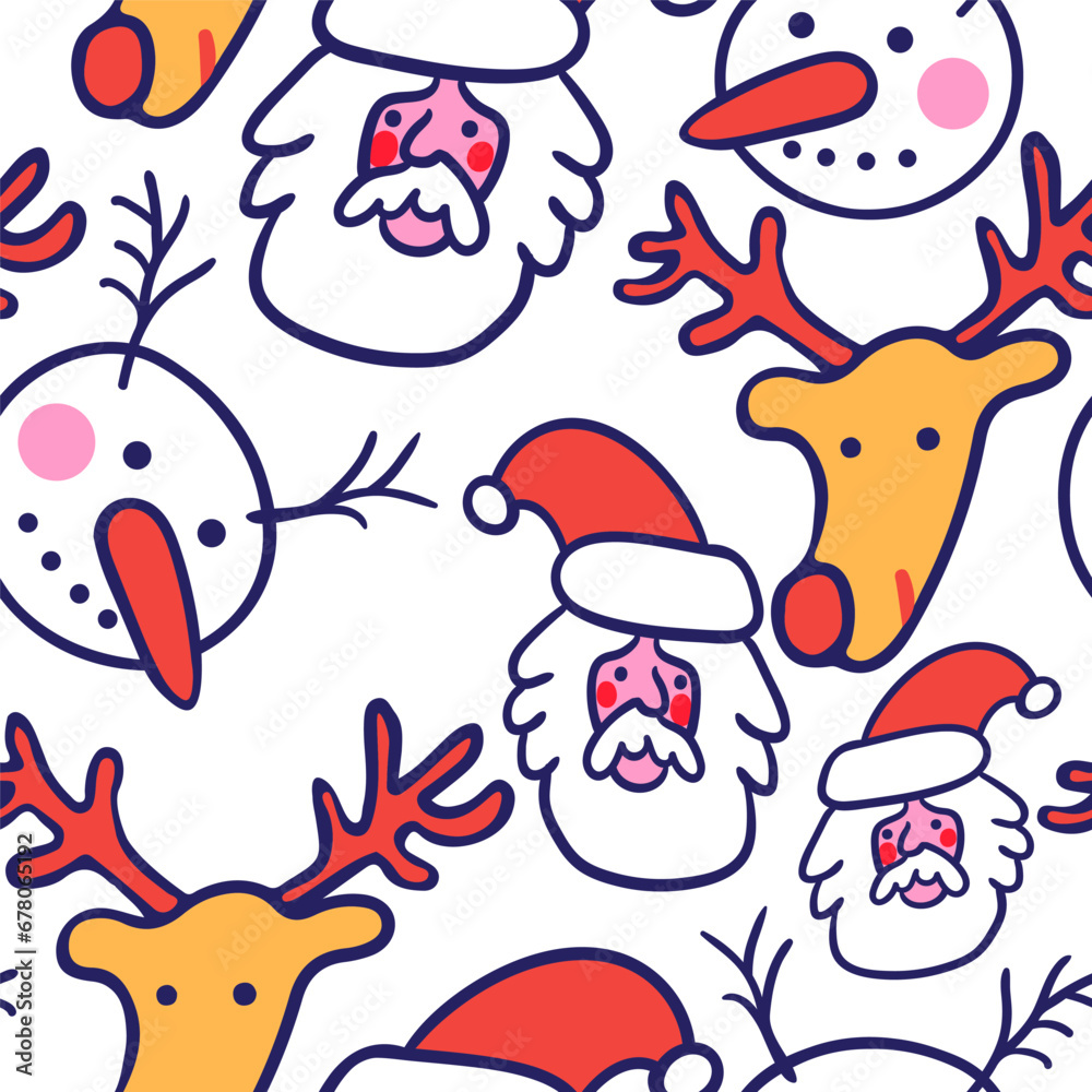 seamless color pattern with snowman, santa and deer in doodle style. template for print, background, wallpaper, fabric, packaging, children's book, decoration.