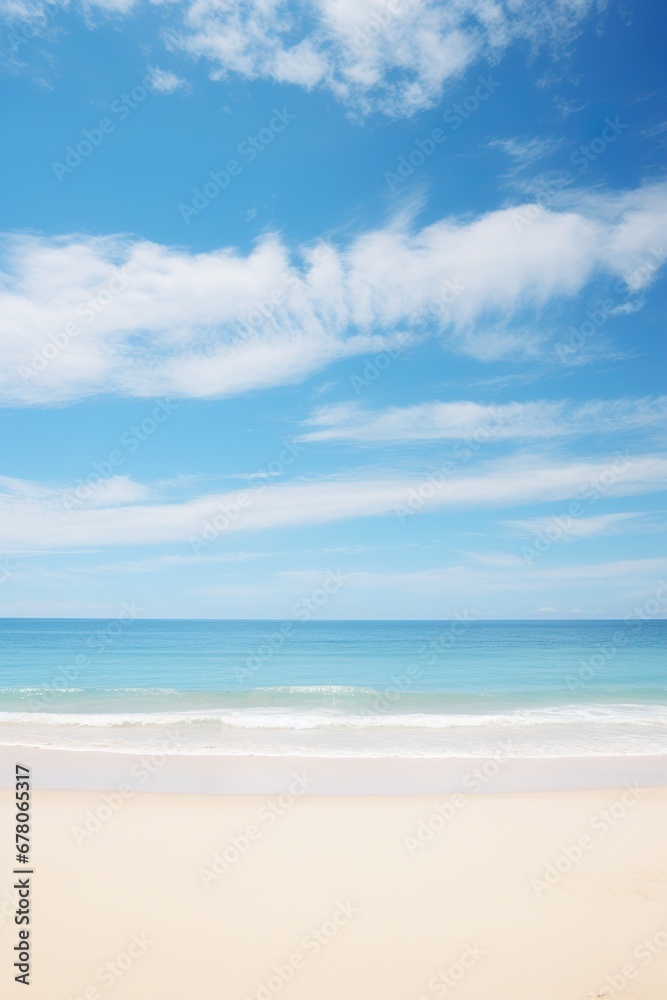 Serene beach scene with soft sandy shore, ocean waves, and a blue sky with fluffy clouds. Vacation mood that speaks of tranquility and relaxation. Peaceful holiday. Relax in the nature