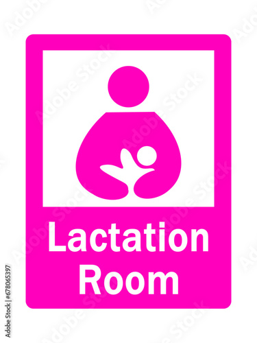 Lactation room, information sign in bright pink color with silhouette of mother breastfeeding.