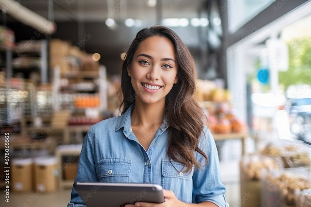 Generative AI illustration of happy woman in working with tablet in hands looking at camera with toothy smile in a warehouse with a blurred background