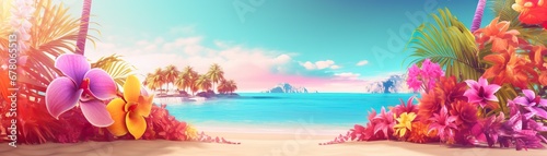 Colorful tropical flowers frame a serene beach with palm trees on small islets under a pastel sunset sky. Vacation, holiday background. Empty, copy space for text. photo