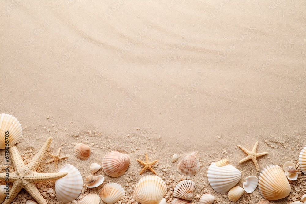 Top view of a sandy beach with various seashells and starfish on one side, copy space. Vacation, holiday background. Empty space for text, advertising. Travel, relax.